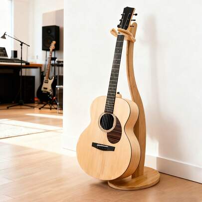 Bamboo Guitar Stand For Acoustic Electric Classical Ukulele And Banjos Mandolins, Guitar Floor Rack With Non-Slip Pads On Bottom For Stability, Curve Designed Guitar Stand, 40.55in Tall For Home Studio Performance
