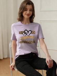 Women's Vintage Leopard Heart Pattern Casual Round Neck Short Sleeve T-Shirt, Daily Wear - Mauve Purple - View 2