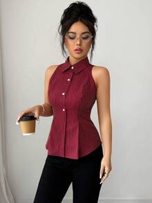 Front Button Ribbed Button Vacation & Commute Sleeveless Striped Shirt, Burgundy Waist Fitted Blouse, Sexy Commuter Summer - Burgundy - View 2