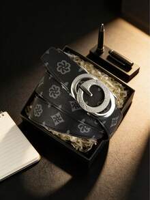 Men's Luxury Belt, Letter Alloy Automatic Buckle Leather Belt, Paired With High-Quality Printed Strap, 120cm Length Can Be Freely Trimmed, High-End And Stylish, Ideal For Daily Wear And Gift Giving - Multicolor - View 4