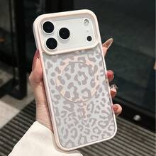1pc Acrylic Leopard Print Pink Magnetic Phone Case, Anti-Yellow, Large Camera Hole, TPU Soft Edge Hard Shell, Suitable For IPhone 17 Air/16 Pro Max/16 Pro/16 Plus/16/15/14/13/12/11/XSM/XS/XR/7/8 - Pink - View 1