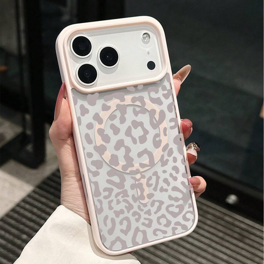 1pc Acrylic Leopard Print Pink Magnetic Phone Case, Anti-Yellow, Large Camera Hole, TPU Soft Edge Hard Shell, Suitable For IPhone 17 Air/16 Pro Max/16 Pro/16 Plus/16/15/14/13/12/11/XSM/XS/XR/7/8 - Pink - View 1