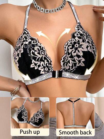 1pc Women's Casual Solid Color Lace Patchwork Sexy & Comfortable Minimalist Sports Bra