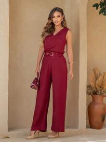Linen V-Neck Pantaloon Set - Màu Đỏ Sâu - Xem 3