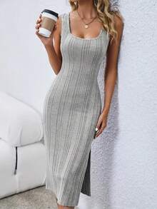 New Summer Sleeveless Strap Mid-Length Slit Knit Dress, Backless Square Neck Asymmetrical Hem Dress - Grey - View 3
