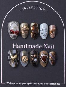 10片/套，欧美手工短杏仁形美甲贴纸，Y2K棕色金属风格，3D手绘樱桃图案，手绘渐变细闪设计。包含1片果冻胶和1把指甲锉。完美适用于日常生活以及科切拉音乐节派对装扮，是美甲贴片和美甲护理的理想之选。手工制作的美甲贴片。 - 棕色 - 查看 3