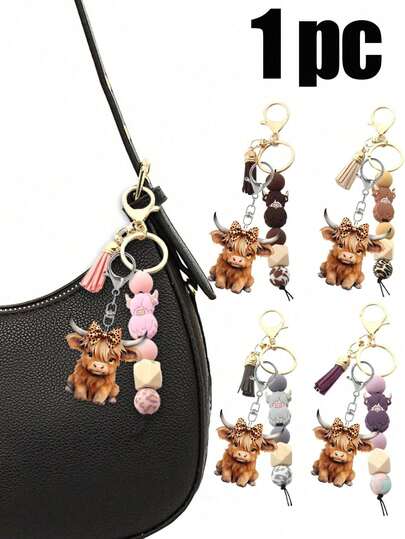 1 Highland Cow Silicone Beaded Keychain With Tassel, Cute Short Keychain, Cartoon Punk Style, Animal Theme, Lobster Clasp, Decorative Backpack Accessory, Acrylic Pendant, Car Key Anti-Lost Chain, Ideal Gift For Friends And New Year Celebrations, Highland Cow, Silicone Beads, Tassel, Backpack Accessory, Car Key, Anti-Lost Chain, Holiday Gift