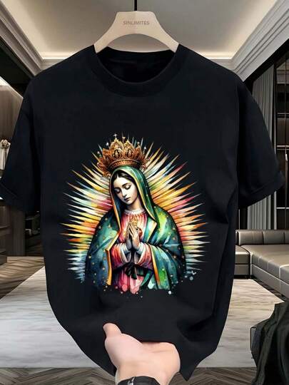 Camiseta Religiosa para Hombre Nuestra Señora de Guadalupe Estampada Negra Ropa Católica Suave y Transpirable 100% Tallas S XXXL Ligera para Uso Diario o Ocasiones Especiales Ropa de Fe S.jpg