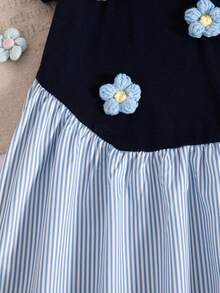 Vestido de manga corta hasta la rodilla con estampado de rayas y flores en parches, para niñas, primavera/verano - Azul - Ver 7