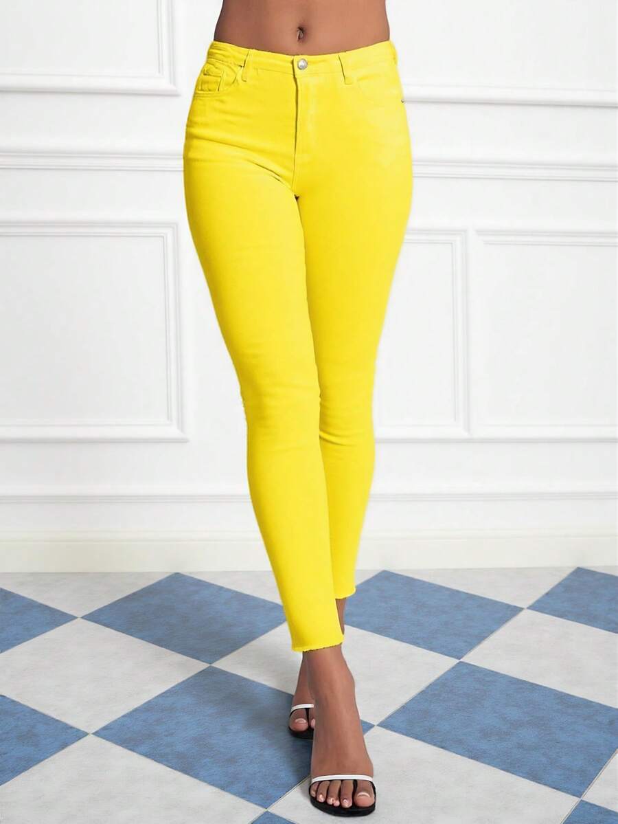 Yellow High Waisted Skinny Jeans - Women's Stretchy Slim Fit Ankle Denim - 黃色 - 查看 1
