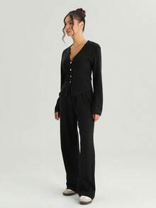 KATCH ME Women's Solid Color V-Neck Long Sleeve Button Tailored Top & Wide Leg Trousers Set, Cozy Two Piece Outfits For Fall & Winter - Black - View 5