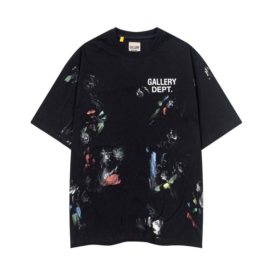 GALLERY Style Hand Painted Splatter Graffiti Print Short Sleeve T-Shirt For Men Women - Y2K Vintage Washed Graphic Tee With Distressed Artwork, High-Street Casual Summer Top - 黑色 - 查看 1