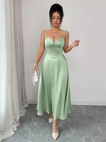 abyoxi 女士鼠尾草绿缎面吊带心形领口纽扣细节收腰中长连衣裙，春夏长款连衣裙，优雅派对装扮 - 薄荷綠 - 查看 3