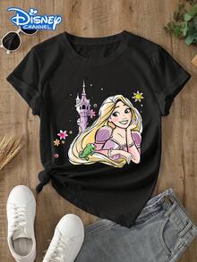 Disney Lady's T-Shirt, Featuring The Cartoon Pattern Of Disney's Princess Rapunzel. The Fabric Is Soft, Comfortable And Durable. This Is A Summer/Winter Women's Round-Neck T-Shirt, Suitable For Daily Wear, Going Shopping, Parties, And Gatherings. It Is Also More Suitable As A Daily Outfit Or As A Gift. - 黑色 - 查看 1