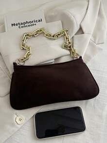 Gold Color Large Chain Strap Solid Soft Baguette Bag - Coffee - View 4