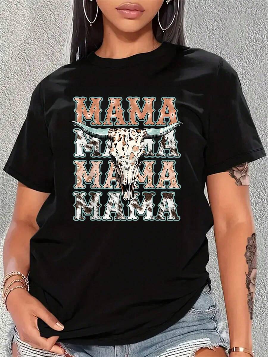 Mama Western Retro Groovy Cow Skull Country Rodeo Mother Day-Shirt - Black - View 1