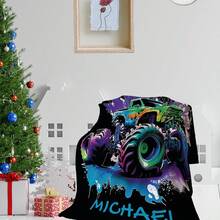 Personalized Monster Truck Blanket, Custom Name Flannel Blanketmonster Jam - 白色 - 查看 3