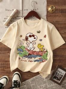 SNOOPY Forest Adventure Print Kids' T-Shirt, Light Apricot, Breathable And Comfortable Short-Sleeve, Natural Style Casual Top For Boys And Girls - Màu be - Xem 4