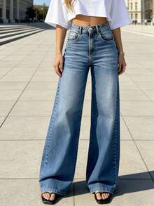 女士休闲日常百搭口袋直筒宽松牛仔裤 - 深色水洗藍 - 查看 7