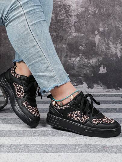 Versatile Shoes For Spring And Autumn, With Elegant And Stylish Leopard Print Fabric Design, Low-Top Round-Toe Lace-Up Wide-Fit Sneakers. Perfect For Holiday Celebrations, Gifting, Fashionable Outings, Featuring Extra Width And Comfort For Women.