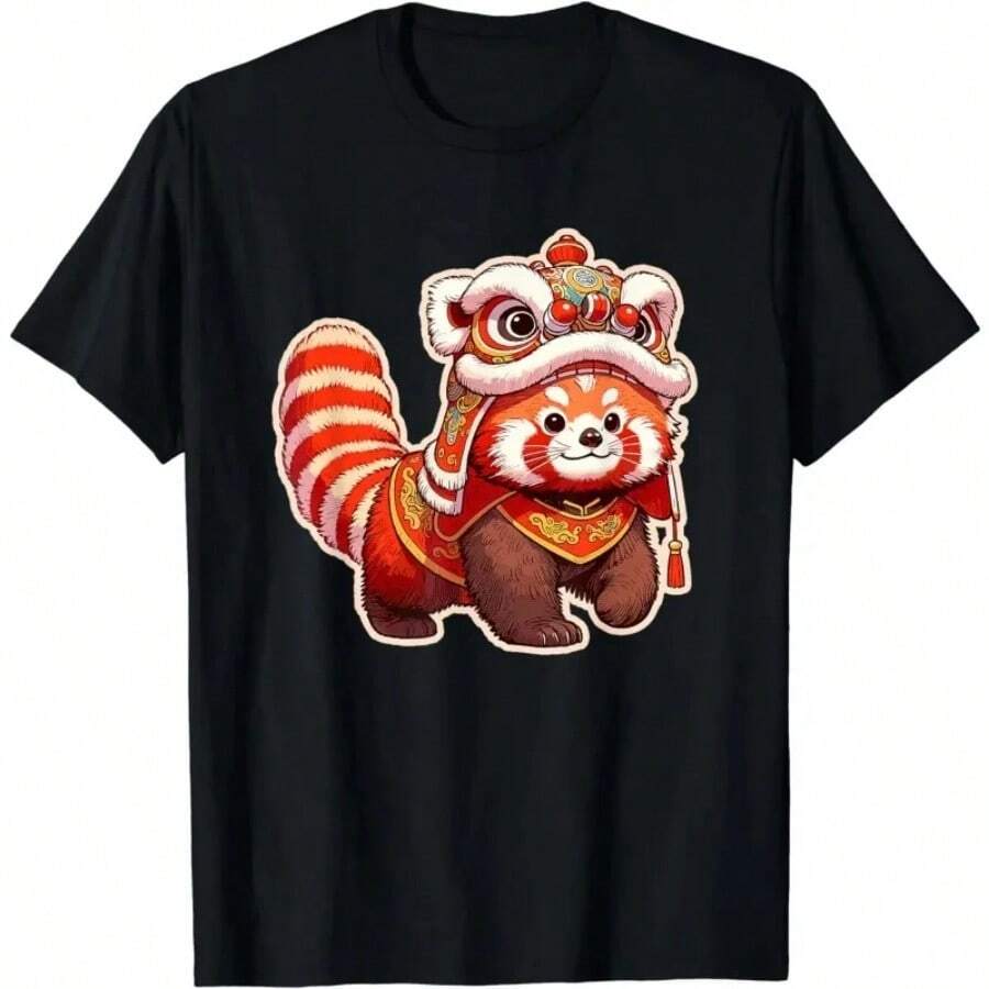 Chinese New Year T-Shirt Red Panda Lion Dance Lunar New Year Kawaii Clothing Pattern Cotton T-Shirt 2025 Women's T-Shirt - 黑色 - 查看 1