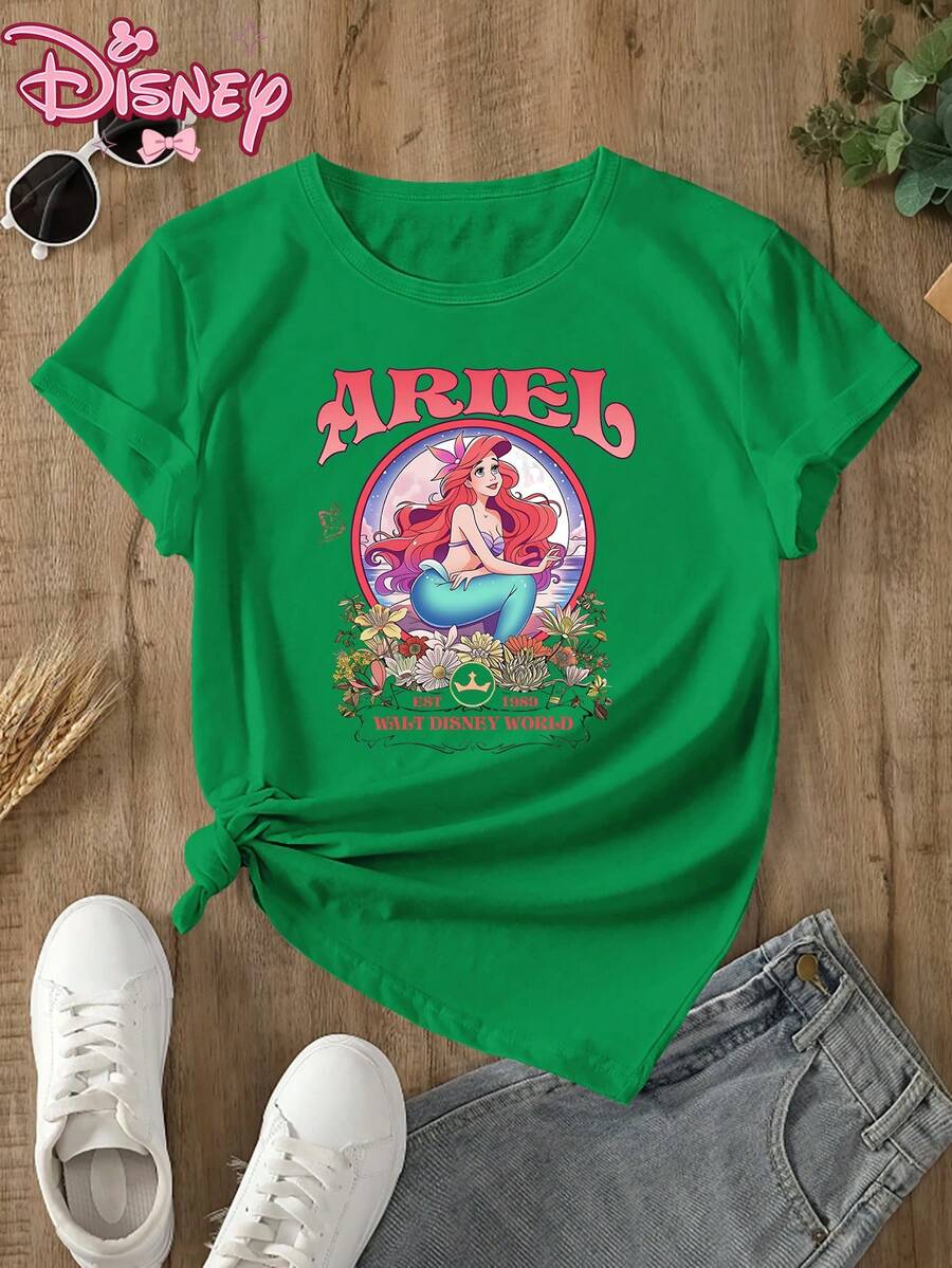 Disney Women's T-Shirt,Disney Ladies T-Shirt Featuring Classic Disney ARIEL Princesses Patterns, Made Of Soft, Comfortable And Durable Fabric. A Spring/Summer Round-Neck Short-Sleeved T-Shirt, Suitable For Daily Wear, Shopping,St. Patrick's Day, Traveling And Party Outfits. Also A Wonderful Gift,Multiple Colors Are Available For Selection. - Vert - Voir 1