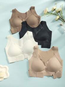 4pcs Push-Up Sports Bras For Women, Ventilation Holes, For Yoga And Running Fitness Suitable, Front Button Adjustable, Solid Color,  Activewear Essentials - Lingerie For Women - Comfortable Fit - Supportive Lingerie - Everyday Comfort - 彩色 - 查看 10