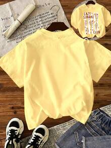 Set de 2 piezas con parte superior y shorts a cuadros para niña (corte aleatorio), conjunto de shorts con estampado creativo, suave y cómodo, adecuado para uso diario en primavera/verano - Amarillo - Ver 5