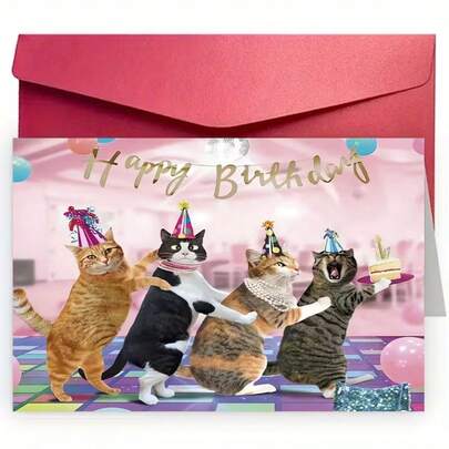 بطاقة عيد ميلاد مضحكة بعنوان "احتفال عيد ميلاد القطة" مع ظرف، مثالية لأصحاب الحيوانات الأليفة المحبين للقطط/الكلاب، الأصدقاء، الوالدين، الأبناء والبنات، تتمنى لهم أفضل أعياد الميلاد