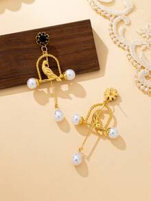 1 par de pendientes elegantes y de alta gama con diseño de jaula de pájaros y perlas, adecuados para uso diario - Multicolor - Ver 2