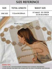 1pc Women's Gold Round Shape Cutout Metal Waist Chain, Matching Dress Accessory Boho Halloween Summer, School Fall, Autumn, Halloween - Vàng - Xem 2