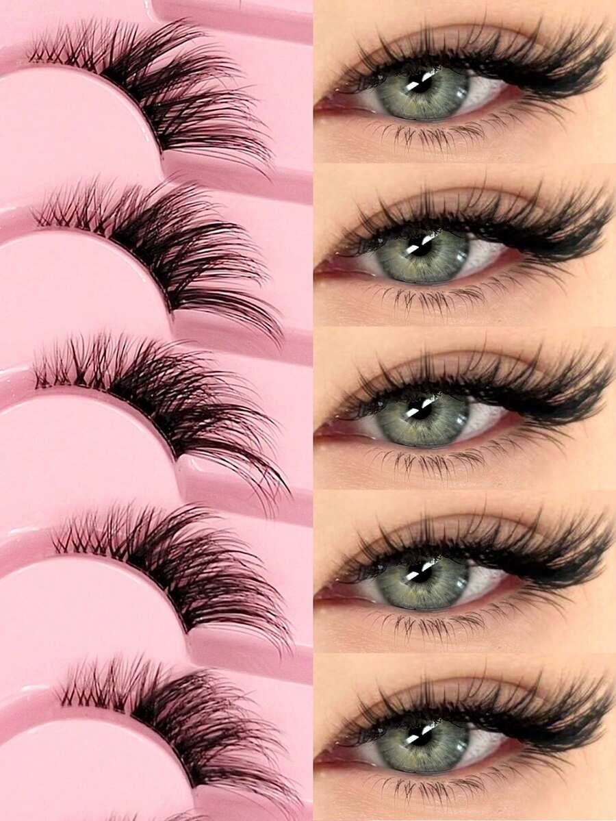 1件 Asiteo 7对半条假睫毛，透明睫毛梗带猫眼尾延长设计，自然柔软仿貂毛睫毛，蓬松柔软，适合自然妆容 - A - 查看 1