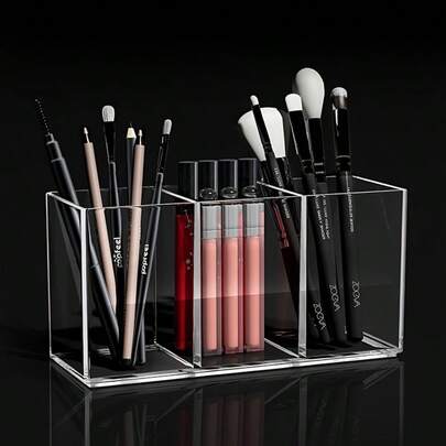 1 pieza Soporte transparente para brochas de maquillaje, organizador de tocador de escritorio transparente que puede almacenar lápices labiales, lápices de cejas, productos de cuidado de la piel, caja de almacenamiento de cosméticos compacta, adecuada para el baño y el dormitorio