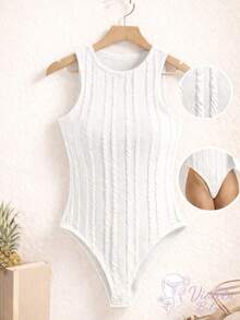Women's Ribbed Sleeveless Bodysuit With Round Neck, Perfect Fit, Casual, Knitted Cable Knit, Vacation, Beach - 白色 - 查看 1