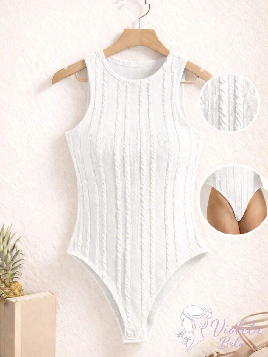 Women's Ribbed Sleeveless Bodysuit With Round Neck, Perfect Fit, Casual, Knitted Cable Knit, Vacation, Beach - 白色 - 查看 1