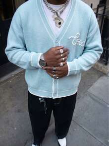 ANDREILEE 男士 V 领纽扣条纹针织开衫，休闲宽松街头风毛衣外套，适合春、秋、冬季穿着。 - 淺藍色 - 查看 1