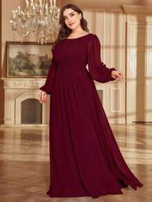 EVERPRETTY Plus Size Elegant Romantic A-Line Long Sleeve Burgundy Bridesmaid Dress, Autumn Wedding Guest Dress - Burgundy - View 2