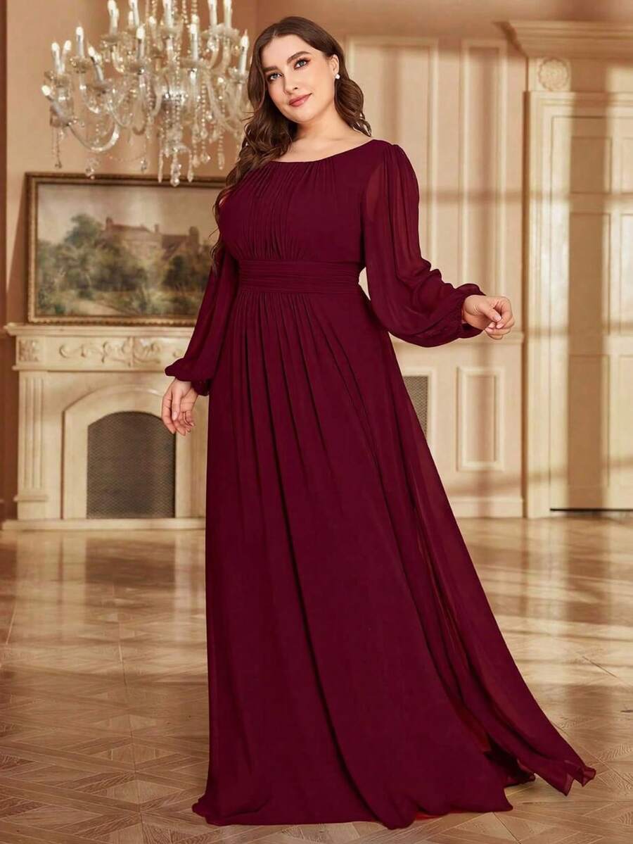 EVERPRETTY Plus Size Elegant Romantic A-Line Long Sleeve Burgundy Bridesmaid Dress, Autumn Wedding Guest Dress