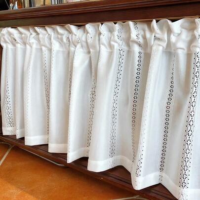 1pc White Jacquard Curtain, New Chinese Style Minimalist Short Hollow Lace Sheer Curtain, Suitable For Living Room, Bedroom, Balcony