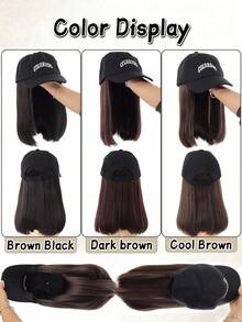Synthetic 12-Inch Winter Integrated Baseball Cap, Cold-Resistant Wig Hat, Brownish Black Medium-Long Straight Hair With Black Cap, Adjustable, For Women - Multicolor - View 7