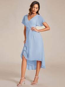 Women's Elegant High-Low Hem Chiffon Bridesmaid Dress, V-Neck Ruffle Sleeve, Light Blue Bridesmaid Dress, Summer Wedding Guest Dress - Baby Blue - View 4