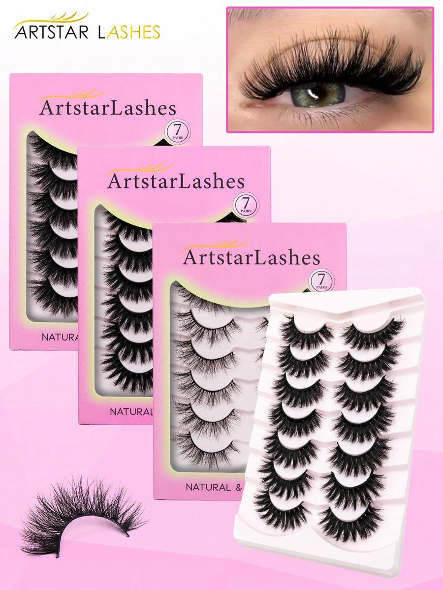 7 Pairs 3D Mink Lashes Cat Eyelashes Fluffy Wispy Volume Lashes Natural Feathery Effect Lightweight Flexible Band Fake Lashes - View 1