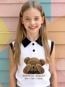Blusa sin mangas de verano para niñas con estampado minimalista de oso marrón lindo, estilo clásico de vacaciones con cuello alto - Blanco - Ver 7