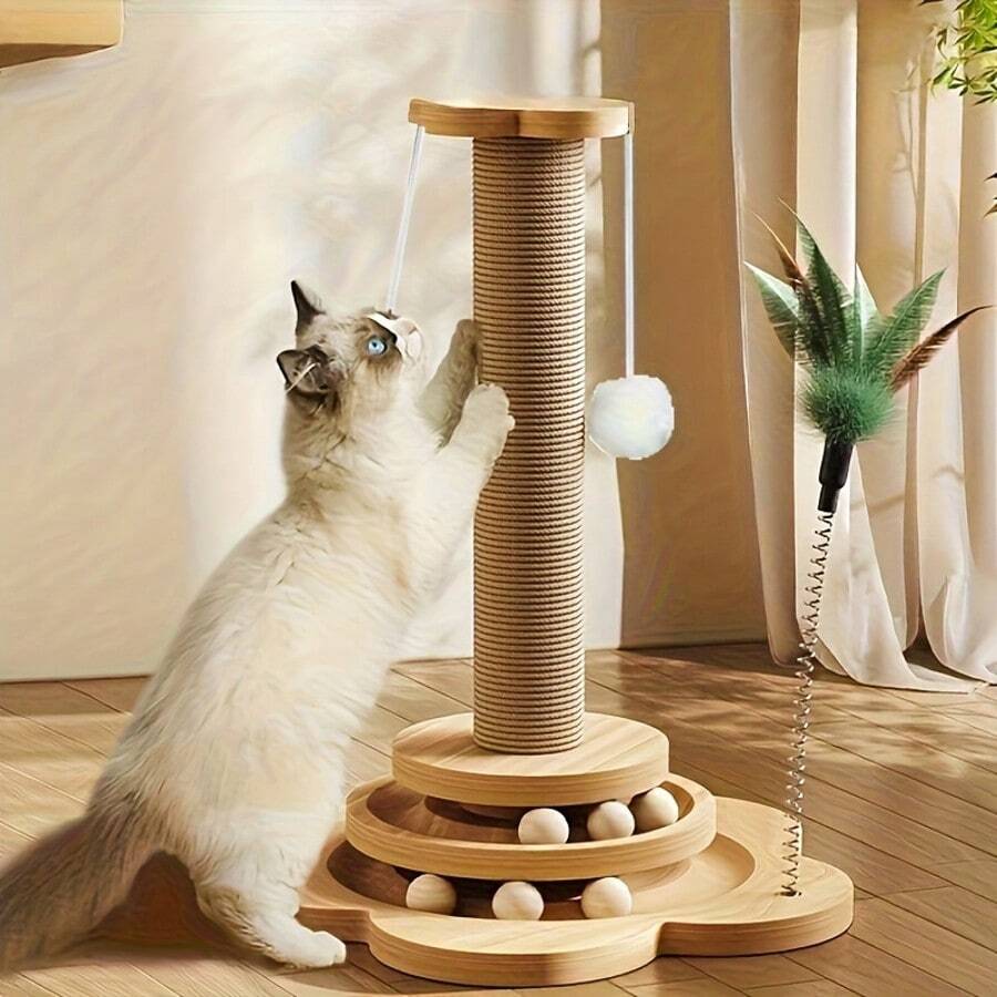 剑麻猫抓柱 - 耐用，带轨迹球和悬挂球玩具，多功能互动猫玩具，适合室内/室外使用，适用于小型至中型猫，人造羽毛