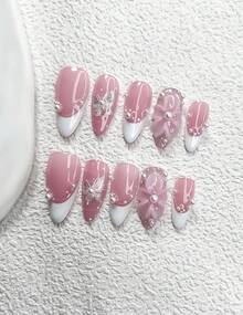10Pcs Fairy Style Polygel Nail Set,Acrylic Press-On Nails,Hand-Pinched Five-Petal 3D Camellia Nail Art Accessories,White Butterfly Sticke,Adorned With Small White Pearls,White Nail Polish,Romantic Newlywed Nail Art Set,Comes With Nail Tools(1 Sheets Jelly Stickers+1PC Nail File)3 Sizes Available,Almond Nails, Duck Nails,Coffin Nails,Suitable For Daily, Reunion,Party,Photograph,Play,Spring Summer,Commute Supplies Nails - 彩色 - 查看 3