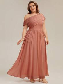 EVERPRETTY Đầm phù dâu cỡ lớn bằng vải chiffon, cổ bất đối xứng, thanh lịch, thích hợp cho khách dự đám cưới mùa xuân/hè hoặc tiệc tùng. - Màu Hồng  San hô - Xem 3