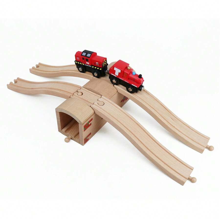 Juego de 5 piezas de vías de tren de madera con puente y túnel, accesorios de ferrocarril de madera sólida compatibles con la mayoría de las principales marcas de trenes de juguete - Multicolor - Ver 1