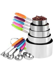 Set Of 13 Measuring Cups And Spoons, Thickened Plastic Material Stackable Measuring Cups, Stainless Steel Measuring Spoons With Silicone Handle For Dry And Liquid Ingredients - 彩色 - 查看 8
