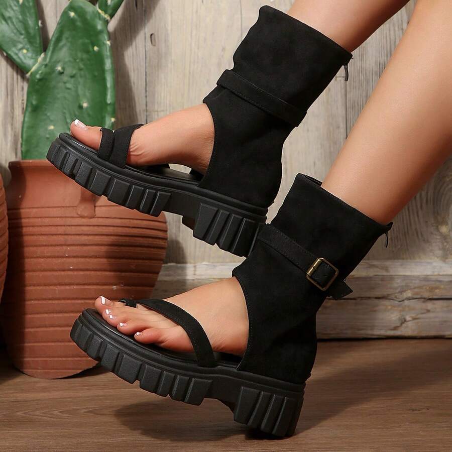 Women's Fashion Thick Sole Peep Toe Round Toe Hollow Buckle High-Top Sandals With Back Zipper - Black - View 1