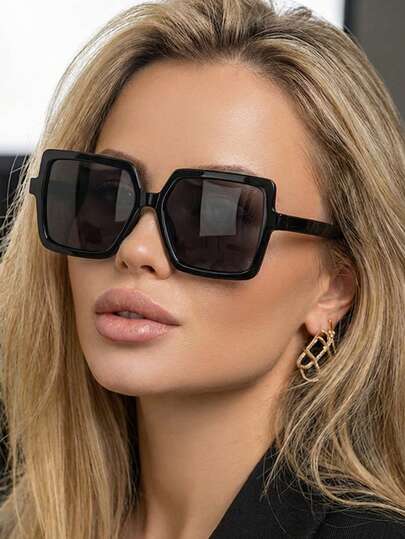 1 par de gafas de mujer con montura cuadrada de plástico negro, de unicolor minimalista, de moda y con estilo para uso diario